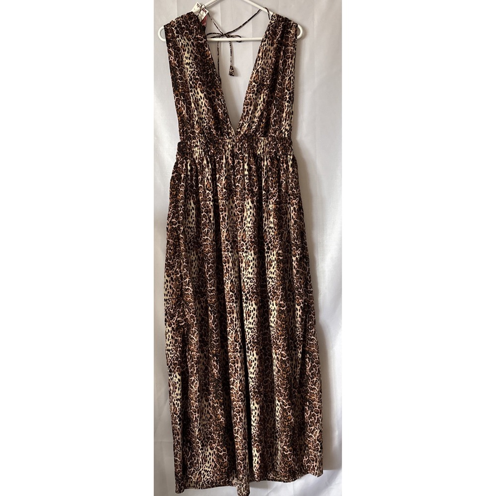 America & Beyond Women's Leopard Plunging Vneck Maxi Dress Beach Cover Size L